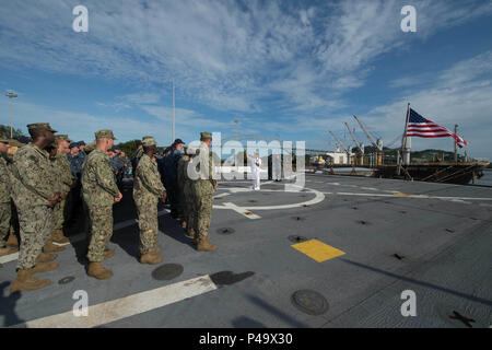 160625-N-XB010-283 RODMAN, Panama (June 23, 2016)  Adm. Kurt Tidd, commander of U.S. Southern Command, delivers remarks during an all-hands call with Sailors and Marines assigned to the Harper's Ferry-class amphibious dock landing ship USS Oak Hill (LSD 51) on the ship's flight deck. To commemorate the recent expansion of the Panama Canal, Oak Hill is conducting a port visit in Rodman, Panama. During the visit, the ship is hosting a reception with local officials and diplomats from the United States and trade partners. Oak Hill is deployed to the U.S. 4th Fleet area of responsibility. (U.S. Na Stock Photo