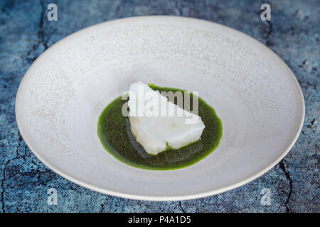 Bacalao and blue mussel in parsley sauce on platter, Koks Restaurant, Kirkjubour, Streymoy Island, Faroe Islands Stock Photo