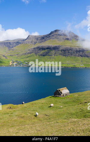 Wood hut and sheep around cliffs of Drangarnir, Vagar Island, Faroe Island Stock Photo