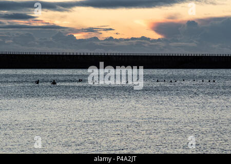 Sunderland, UK. 21st June, 2018. Summer solstice sunrise. A beatiful morning in the UK, the weather is calm for now. Swimmers take a dip in the North Sea as dawn begins to break Credit: Dan Cooke/Alamy Live News Stock Photo