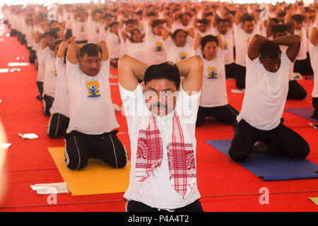 Guwahati, Assam, India. 21st June, 2018. 4th International Day of Yoga.  BJP president of Assam Ranjit das participated in a yoga session during the 4th International Day of Yoga, in Guwahati, Assam. Credit: David Talukdar/Alamy Live News Stock Photo