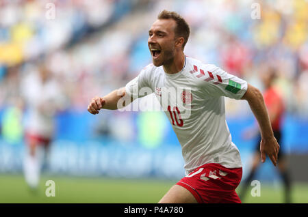 Samara, Russia. 21st June, 2018. Christian Eriksen of Denmark celebrates his scoring during the 2018 FIFA World Cup Group C match between Denmark and Australia in Samara, Russia, June 21, 2018. Credit: Ye Pingfan/Xinhua/Alamy Live News Stock Photo