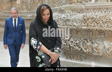 Germany, Berlin. 21st June, 2018. Princess Lamia Bint Majed Saud Al-Saudi (r) of Saudi Arabia, director of the Alwaleed Philanthropies Foundation, leaves the press conference in the Pergamon Museum. Behind her is Hermann Parzinger, President of the Prussian Cultural Heritage FoundationThe Museum of Islamic Art of the State Museums received a generous grant of Alwaleed Philanthropies. Over a period of ten years, the areas of exhibition development and cultural education will be promoted. Credit: Paul Zinken/dpa/Alamy Live News Stock Photo