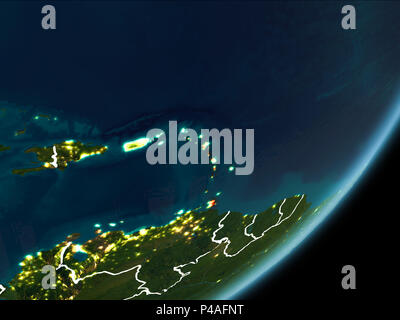 Caribbean as seen from Earth’s orbit on planet Earth at night highlighted in red with visible borders and city lights. 3D illustration. Elements of th Stock Photo