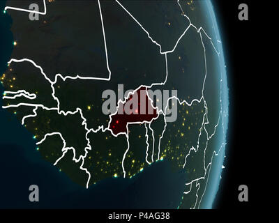 Map of Burkina Faso in red as seen from space on planet Earth at night with white borderlines and city lights. 3D illustration. Elements of this image Stock Photo