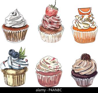 Set of hand drawn cupcakes on white background. Stock Vector