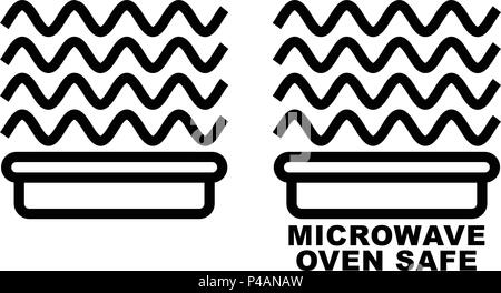 Microwave safe container icon. Simple black lines food container drawing with sinus waves above. Graphic symbol only and also version with text. Stock Vector