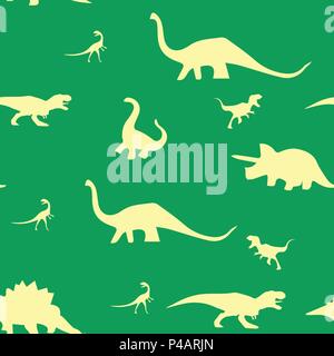 Dinosaur silhouette pattern seamless. Vector illustration. Beige dinosaurs on green background. Stock Vector