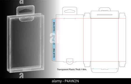 hanging plastic box 3d mockup with dieline Stock Vector