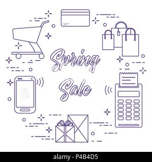 Shopping cart, payment terminal, bank card, packages, boxes, phone. Spring sale. Shopping icons. Stock Vector