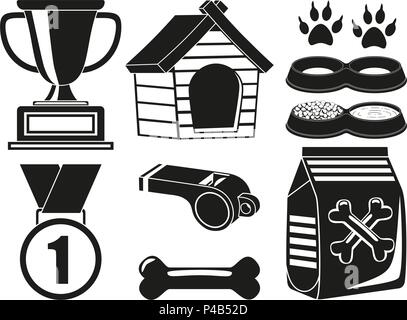 9 black and white dog care elements silhouette set Stock Vector