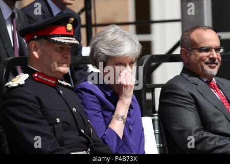 (left to right) Sir John Peace, Prime Minister Theresa May and Prince Salman bin Hamad bin Isa Al Khalifa, during the official handover to the nation of the newly built Defence and National Rehabilitation Centre (DNRC) at the Stanford Hall Estate, Nottinghamshire. Stock Photo