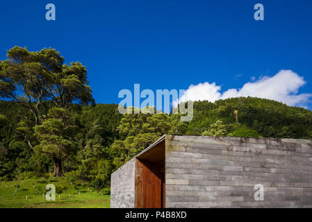 Portugal, Azores, Sao Miguel Island, Furnas, Lago das Furnas lake, Furnas Monitoring and Research Centre, lake monitoring buildings by architects Aires Mateus and Associates, exterior Stock Photo