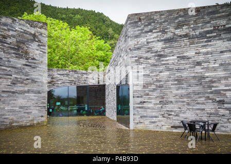 Portugal, Azores, Sao Miguel Island, Furnas, Lago das Furnas lake, Furnas Monitoring and Research Centre, lake monitoring buildings by architects Aires Mateus and Associates, exterior Stock Photo