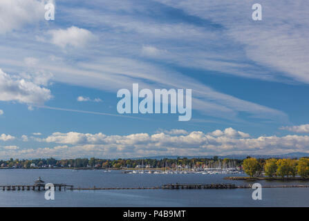 USA, New York, Lake Champlain Region, Rouses Point, town marina along Lake Champlain, autumn Stock Photo