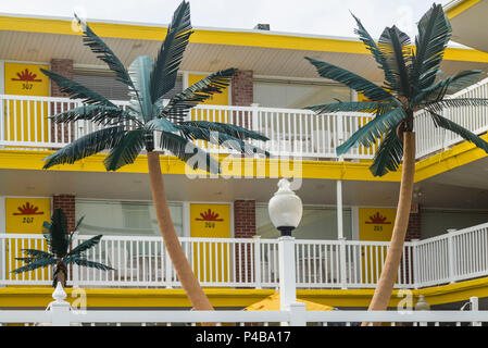 USA, New Jersey, The Jersey Shore, Wildwoods, 1950s-era Doo-Wop architecture, motel palms Stock Photo