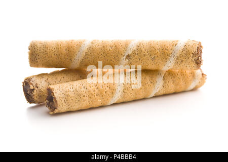 Sweet chocolate waffle rolls isolated on white background. Stock Photo