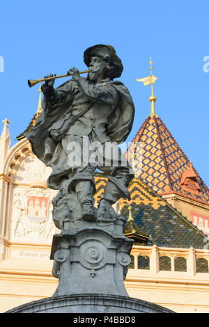 Korneuburg, rat catcher fountain, Town Hall, City Tower, Hauptplatz (Main Square), Donau, Lower Austria, Austria Stock Photo