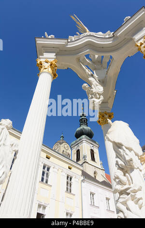 Krems an der Donau, Stein, square Rathausplatz, church Frauenbergkirche, church St. Nikolaus, Johannes Nepomuk monument, Wachau, Lower Austria, Austria Stock Photo