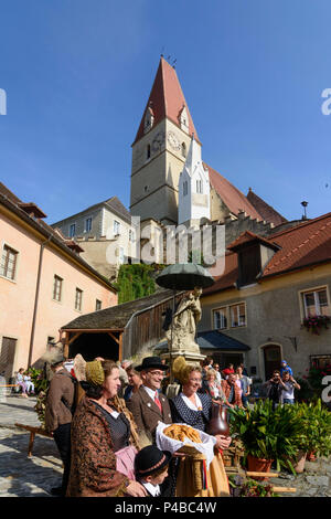 Weißenkirchen in der Wachau, Thanksgiving, church, people in traditional costume with offerings, Wachau, Lower Austria, Austria Stock Photo