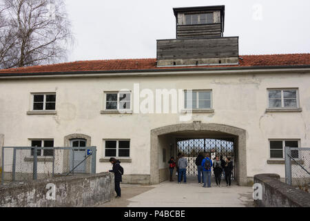 Dachau, concentration camp, Jourhaus (SS offices) with main camp gate, Upper Bavaria, Bavaria, Germany Stock Photo