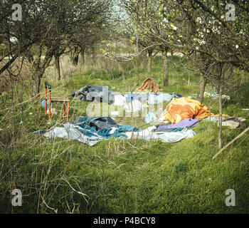 refugee camp of Sid at the border between Serbia and Croatia. As the border to Hungary is no longer an alternative, more and more refugees try to cross the border to Croatia. The way to the border, 4 km away from the camp. Every night people try to cross into the EU. Stock Photo