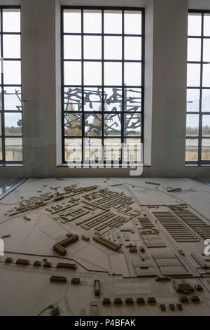 Dachau, concentration camp, former maintenance building, today exhibition, model of camp, view trough window to Memorial sculpture, Upper Bavaria, Bavaria, Germany Stock Photo