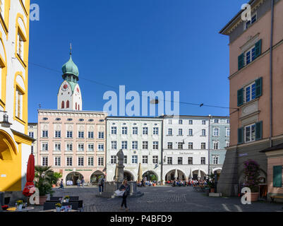 Rosenheim, main square Max-Josefs-Platz, church St. Nikolaus, restaurant, Upper Bavaria, Bavaria, Germany Stock Photo