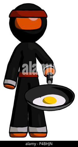 Orange ninja warrior man frying egg in pan or wok. Stock Photo