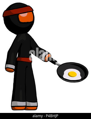 Orange ninja warrior man frying egg in pan or wok facing right. Stock Photo