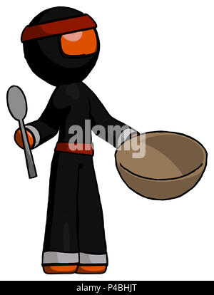 Orange ninja warrior man with empty bowl and spoon ready to make something. Stock Photo