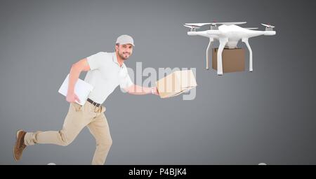 Man running with delivery parcel and drone Stock Photo