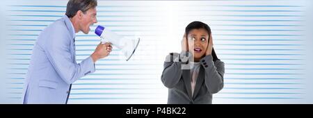 Man with megaphone screaming at woman Stock Photo