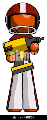 Orange football player man holding large drill. Stock Photo