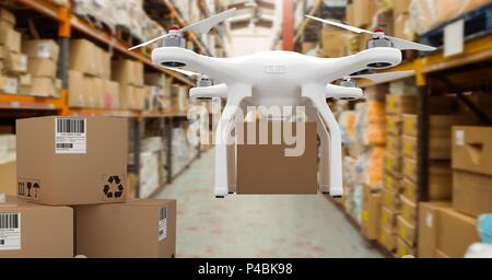 flying drone in warehouse 3d rendering image Stock Photo - Alamy