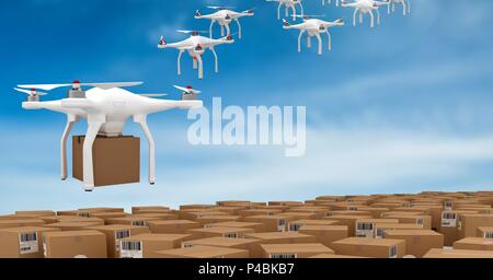 Drones flying by sky with delivery parcel boxes Stock Photo