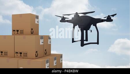 Drone flying by sky with delivery parcel boxes Stock Photo