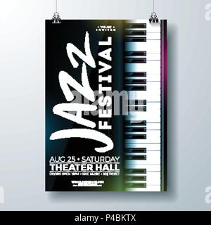 Jazz Music Festival Flyer Design with Piano Keyboard on Dark Background. Vector Party Illustration Template for Invitation Poster, Promotional Banner, Brochure, or Greeting Card. Stock Vector