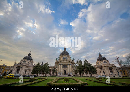 BUDAPEST, HUNGARY - APRIL 7, 2018: Main entrance of Szechenyi baths (Szechenyi Furdo), in Budapest, Hungary. The Szchenyi Medicinal Bath is the larges Stock Photo