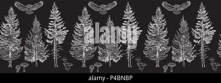Forest seamless border night ornament: fir trees, mushrooms, owl. Endless horizontal pattern brush. Isolated elements for invitation, greeting card, pattern design, poster, decoration, textile print. Stock Vector