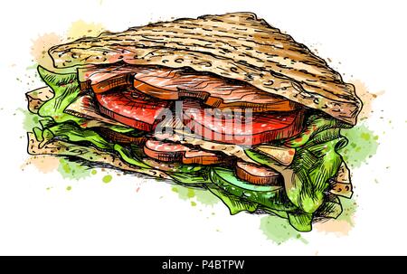 Sandwich fast food from a splash of watercolor Stock Vector