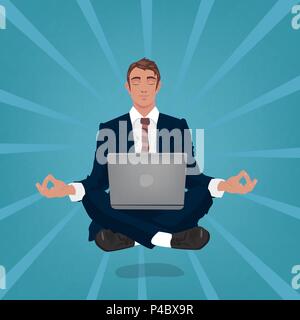 Calm businessman or manager hovers in air, sitting in lotus pose with closed eyes, laptop on his feet. In the background, divergent rays. Simplistic r Stock Vector