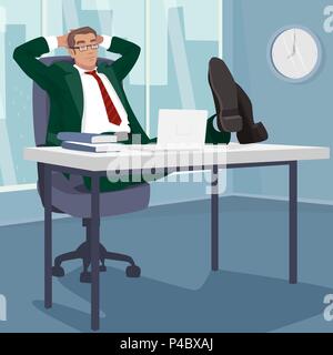 Carefree businessman or manager relaxed in workplace. Man sleeps at table in modern office. Break or Siesta concept. Simplistic realistic style Stock Vector