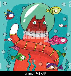 Funny cat with tail in diving suit is sitting on the bottom of lake or aquarium and looks in amazement at the various fish floating around. Hand drawn Stock Vector
