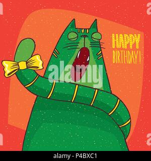 Funny green cat with yellow bow on its tail sits in full face and yawns with closed eyes. Red background and inscription Happy Birthday! Hand drawn in Stock Vector