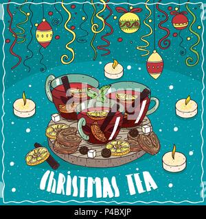 Composition on wooden board, Christmas tea with cinnamon, spices and citrus, in transparent mugs. Top hanging Christmas toys and confetti. Hand drawn  Stock Vector