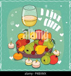 Composition on wooden board, glass of cider and colorful fruits such as pears and apples. Near the candles. Lettering I Like Cider. Hand drawn comic s Stock Vector