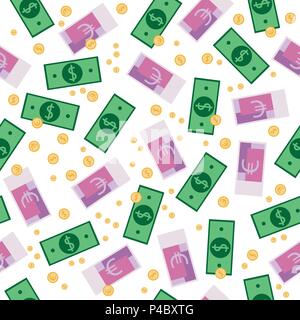 Seamless money pattern with many euro and dollar currency signs on white background. Paper banknotes and coins in chaotic manner. Flat hand draw style Stock Vector