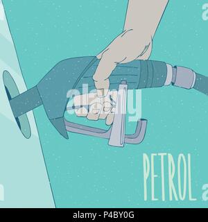Man or woman hand holds pump nozzles gun in transport hole. Refueling at Gas Filling station concept. Lettering Petrol. Hand drawn style. Cyan backgro Stock Vector