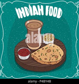 Traditional food, dish of Indian cuisine, round flatbread like Roti, Naan, Chapati, Papadum or Paratha, on wooden plate with sauces like chutney and m Stock Vector